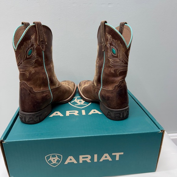 Ariat Bright Eyes II Brown Turquoise Leather Cowboy Boots Youth 2 Square Toe - Picture 4 of 7